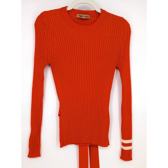 Maggie Marilyn Nearly There Belted Merino Wool Ribbed Sweater Orange Large Chic - Picture 9 of 16